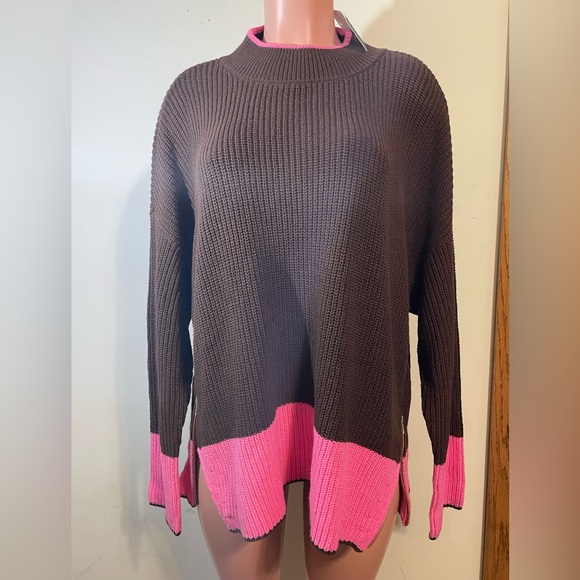 Crown & Ivy sweater women's Medium mock‎ neck brown/pink side zipper NWT - Picture 1 of 9